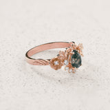 Pear cut moss agate engagement ring with half-halo of diamonds / Adelina - Eden Garden Jewelry™