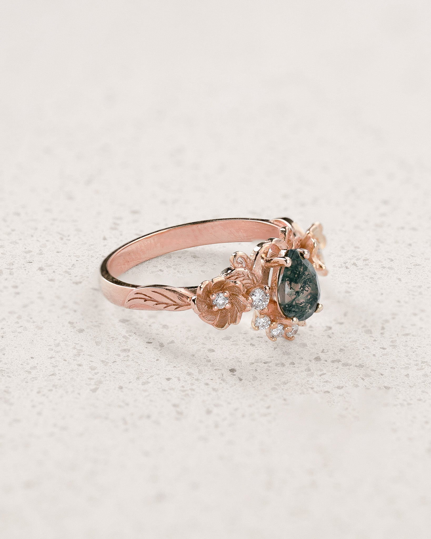 Pear cut moss agate engagement ring with half-halo of diamonds / Adelina - Eden Garden Jewelry™
