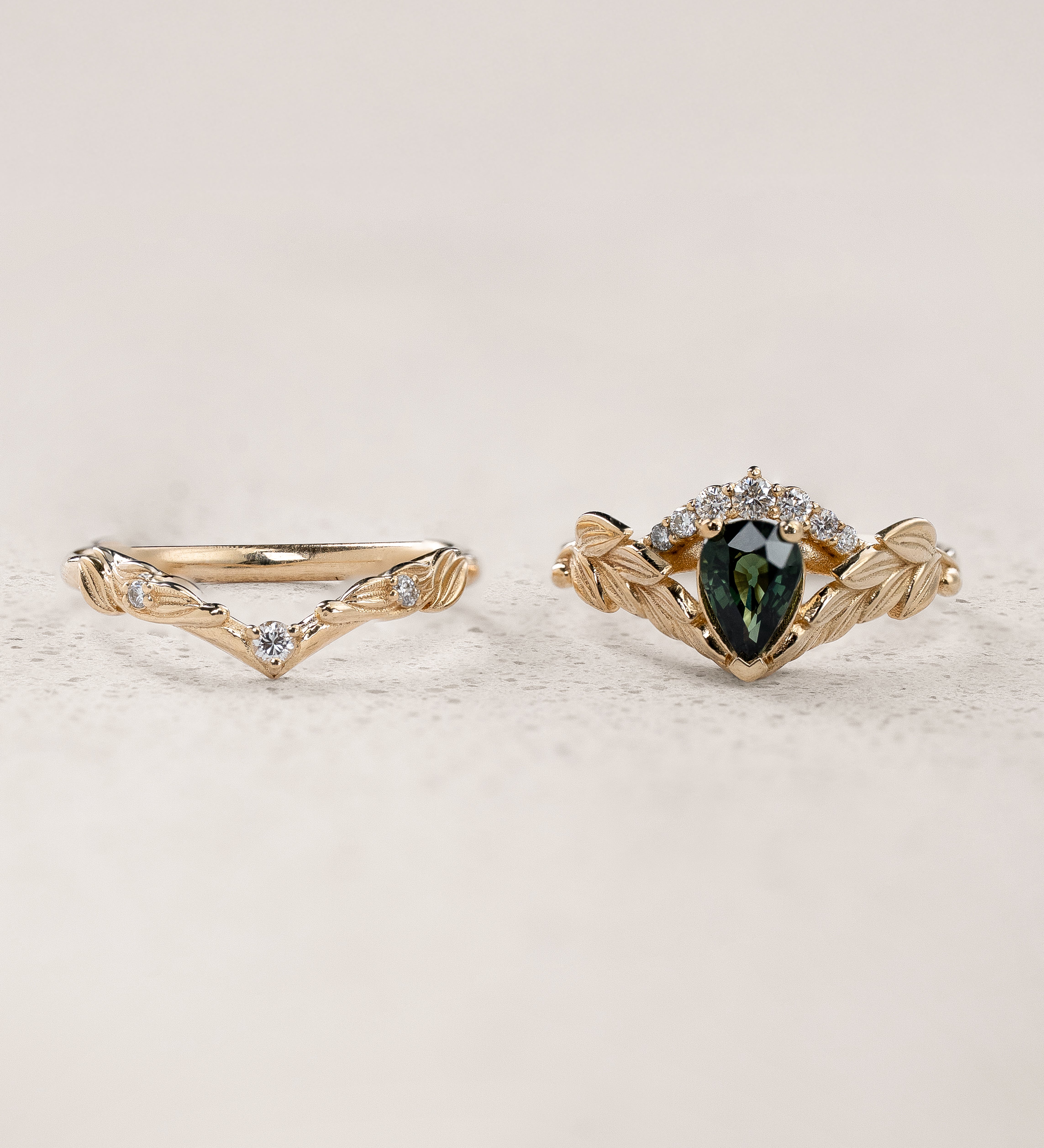 [published as a set] READY TO SHIP: Palmira Crown engagement ring with green sapphire and diamonds, 14K yellow gold, AVAILABLE RING SIZES: 5.5 - 8.5 US - Eden Garden Jewelry™