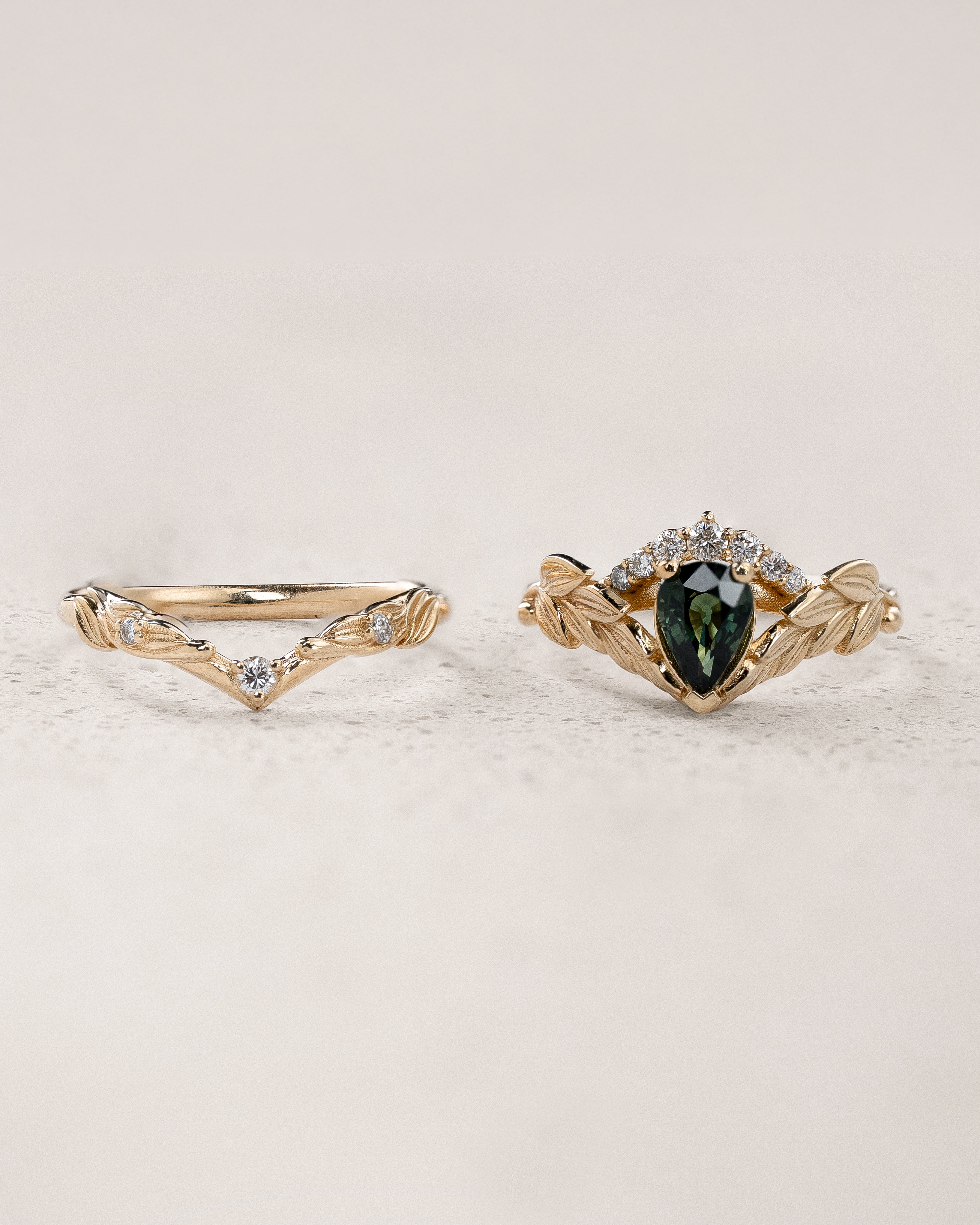 [published as a set] READY TO SHIP: Palmira Crown engagement ring with green sapphire and diamonds, 14K yellow gold, AVAILABLE RING SIZES: 5.5 - 8.5 US - Eden Garden Jewelry™