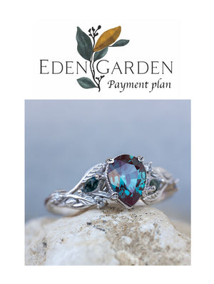 3 instalments payment plan | Alexandrite and accent moss agates engagement ring, gold branch ring with salt and pepper diamonds / Patricia - Eden Garden Jewelry™