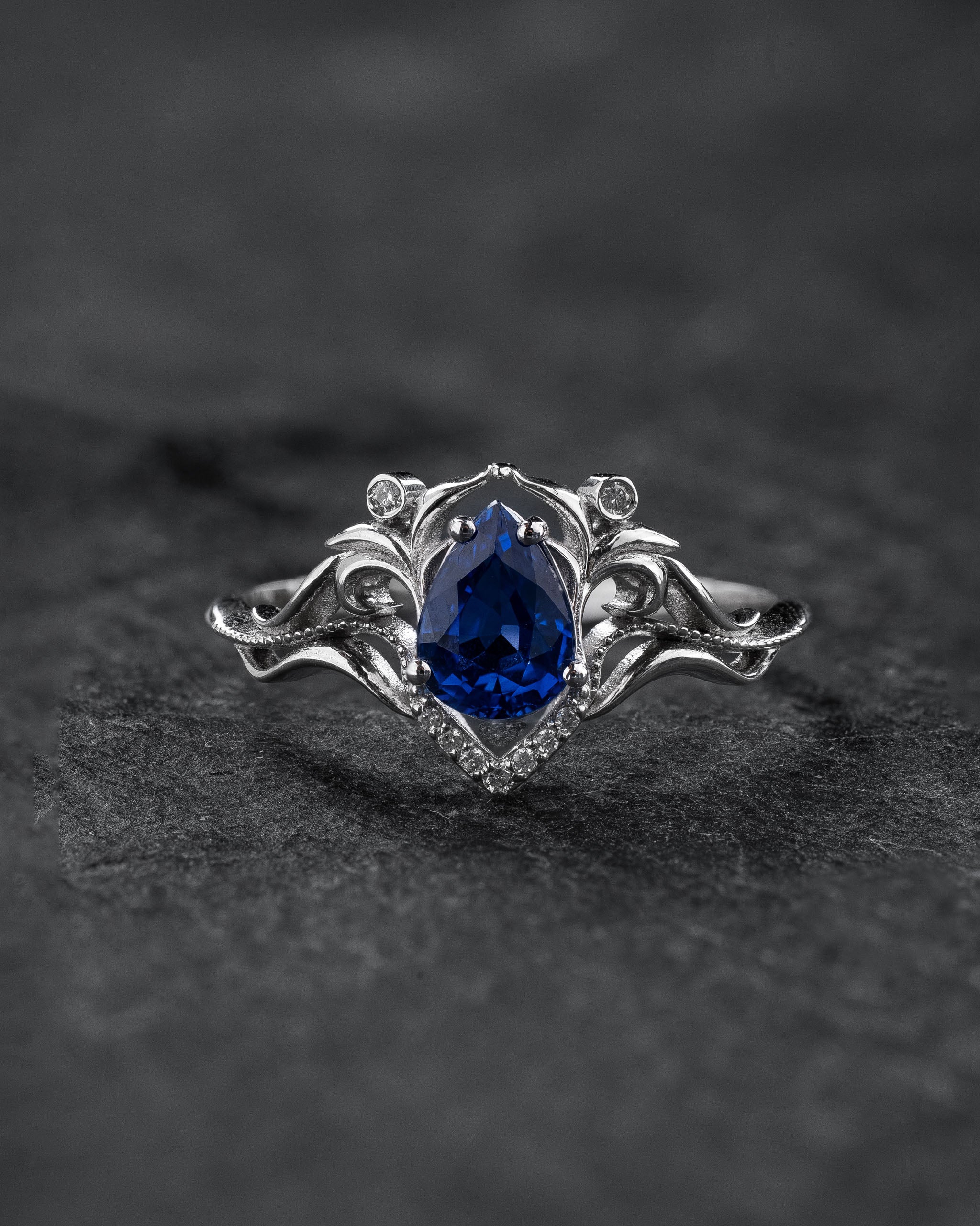 READY TO SHIP: Lida art nouveau engagement ring in 14K white gold, natural blue sapphire with lab diamonds, RING SIZE: 5.5 - 8.5 US - Eden Garden Jewelry™