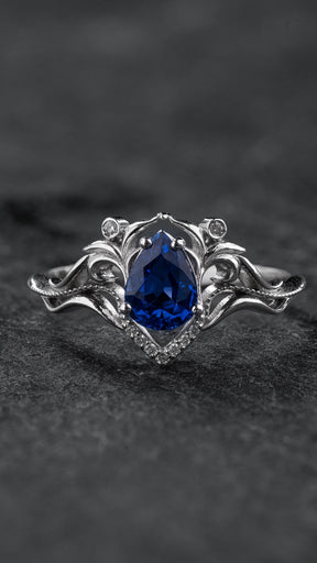 READY TO SHIP: Lida art nouveau engagement ring in 14K white gold, natural blue sapphire with lab diamonds, RING SIZE: 5.5 - 8.5 US - Eden Garden Jewelry™