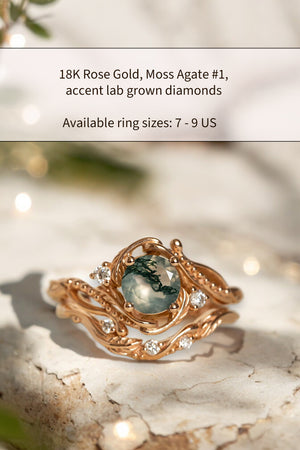 READY TO SHIP: Unique and natural moss agate, bridal ring set in 14K or 18K rose gold with lab grown diamonds, AVAILABLE RING SIZES: 7-9 US