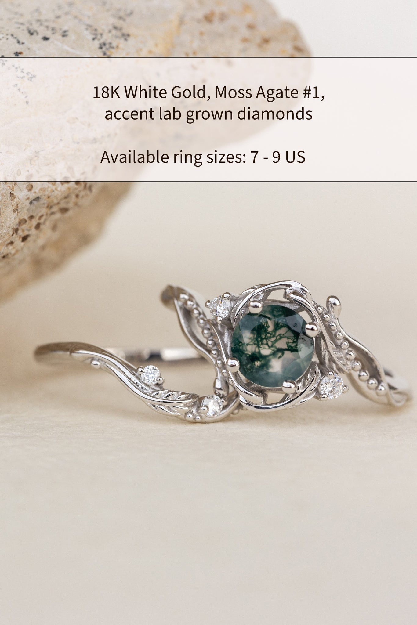 READY TO SHIP: Hypnotic Undina set with natural moss agate in 14K or 18K white gold with diamonds, AVAILABLE RING SIZES: 7-9 US