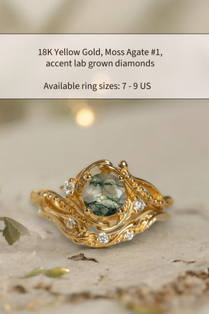 READY TO SHIP: Bridal set Undina beautifully crafted in 14K or 18K yellow gold with moss agate and lab-grown diamonds, AVAILABLE RING SIZES: 7-9 US