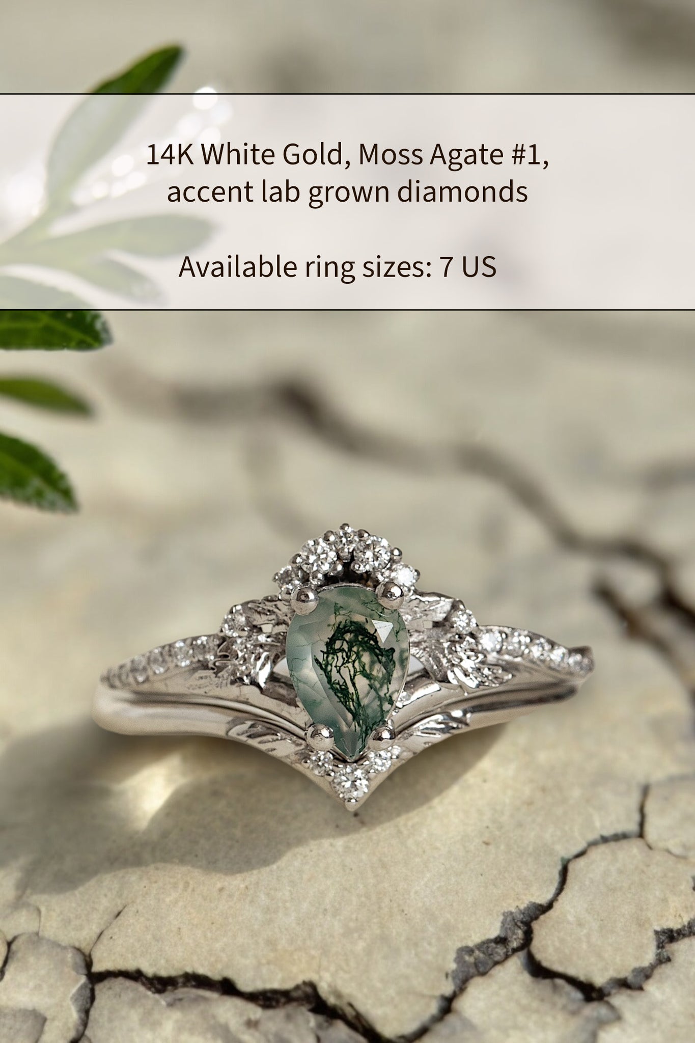 READY TO SHIP: Amelia in 14K white gold, unique moss agate engagement ring with a matching wedding band. AVAILABLE RING SIZE: 7 US