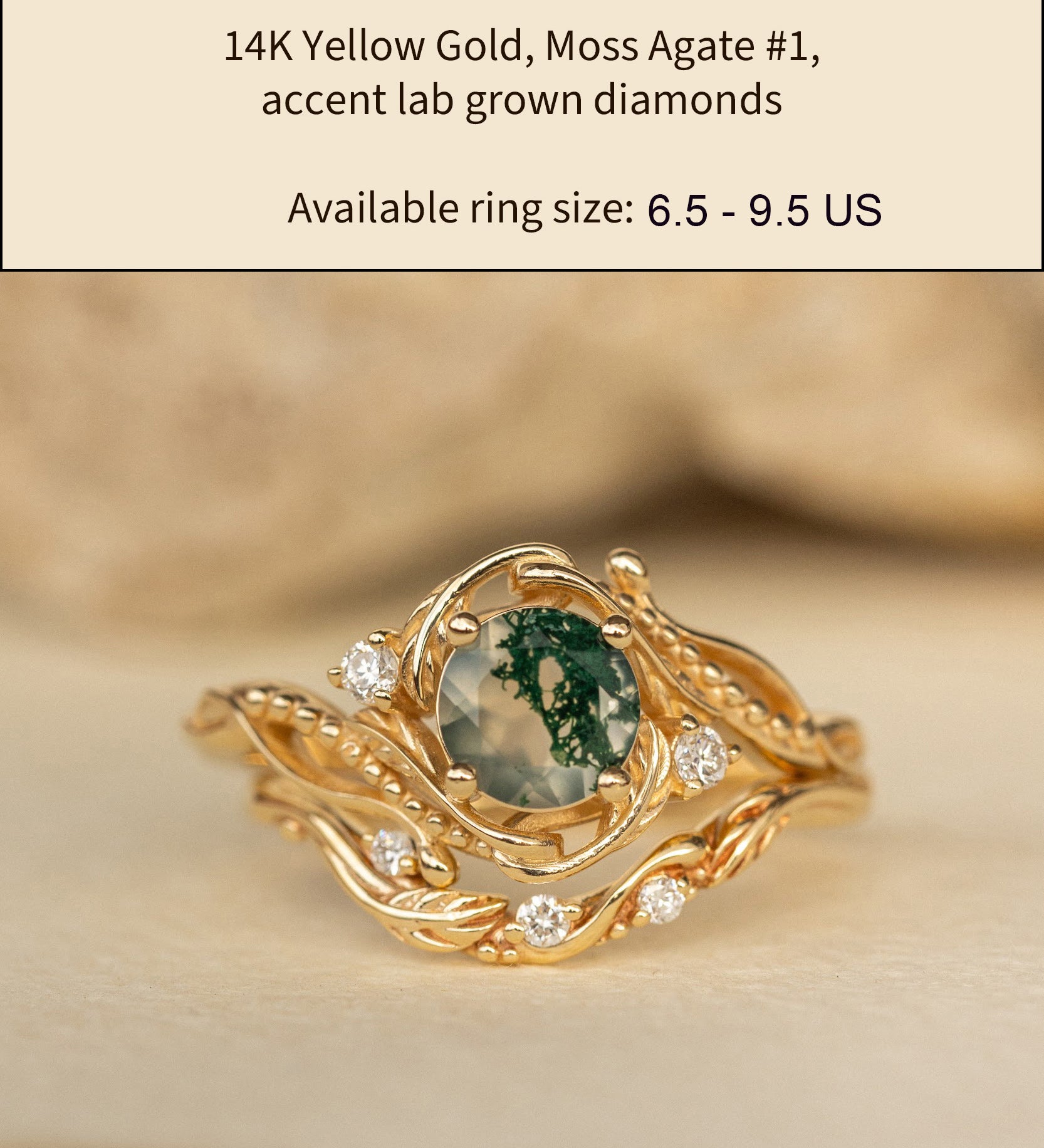 READY TO SHIP: Bridal set Undina beautifully crafted in 14K or 18K yellow gold with moss agate and lab-grown diamonds, AVAILABLE RING SIZES: 6.5 - 9.5 US