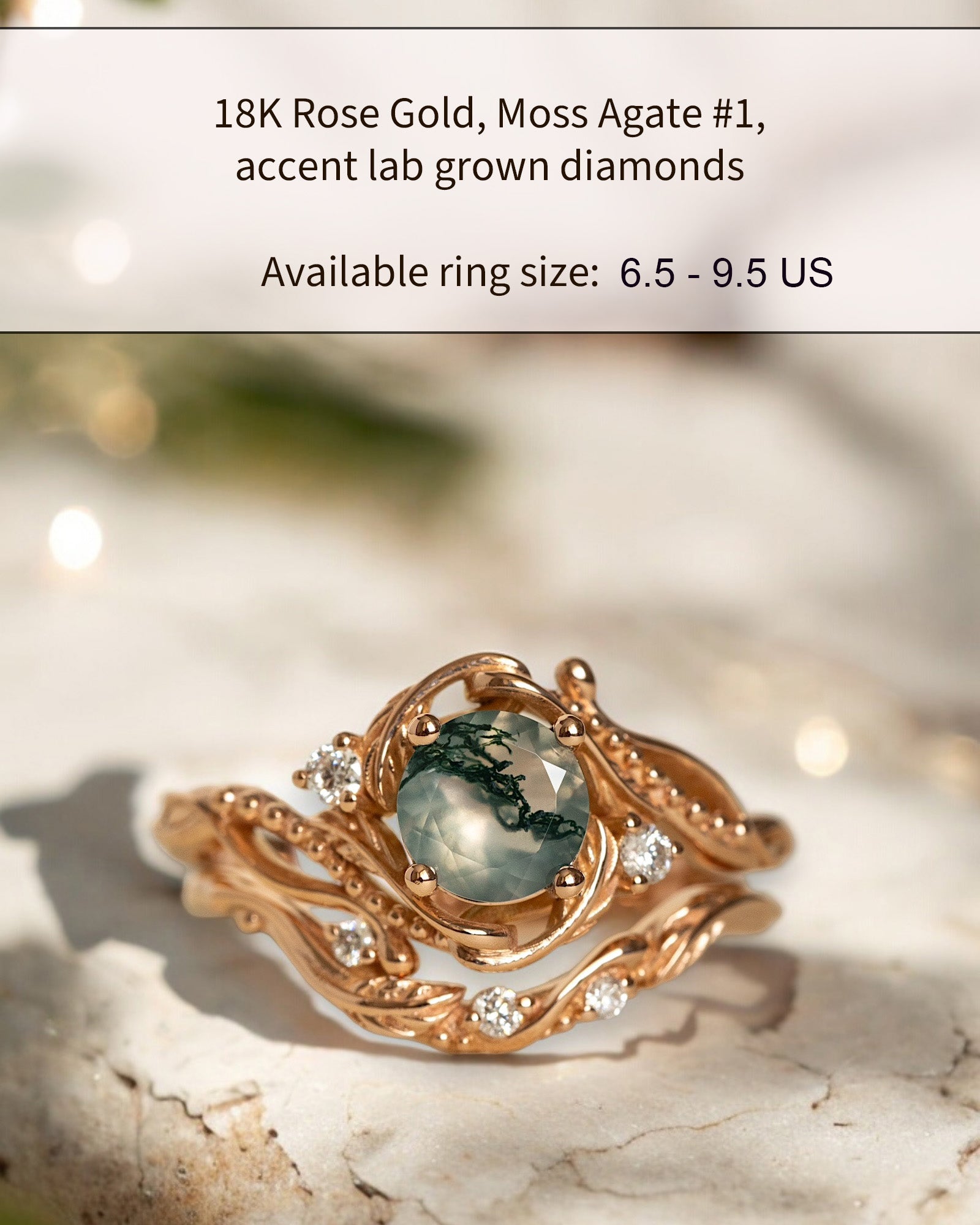 READY TO SHIP: Unique and natural moss agate, bridal ring set in 18K rose gold with lab grown diamonds, AVAILABLE RING SIZES: 6.5 - 9.5 US - Eden Garden Jewelry™
