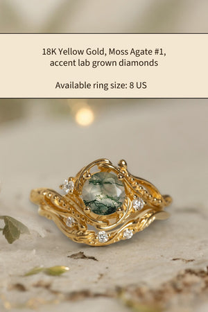 READY TO SHIP: Bridal set Undina beautifully crafted in 14K or 18K yellow gold with moss agate and lab-grown diamonds, AVAILABLE RING SIZES: 8 US