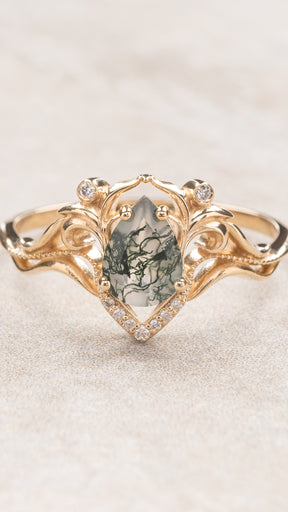 Unique pear moss agate engagement ring, gold ring with diamonds / Lida small - Eden Garden Jewelry™