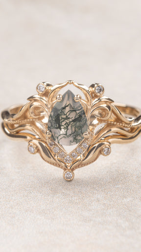 Delicate moss agate bridal ring set, art nouveau inspired engagement ring / Lida small - Eden Garden Jewelry™
