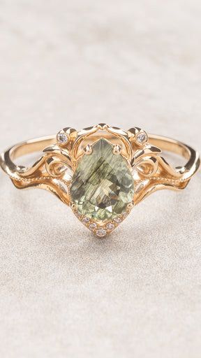 READY TO SHIP: Lida ring with unusual rutile peridot and diamonds, 14K yellow gold, RING SIZES: 5.5 - 8.5 US - Eden Garden Jewelry™