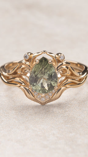 Rutile peridot engagement ring with minimalistic wedding band / Lida small - Eden Garden Jewelry™