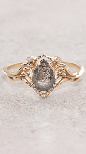 READY TO SHIP: Lida engagement ring with pear cut salt & pepper diamond, 14K yellow gold, RING SIZES: 7 - 9.5 US - Eden Garden Jewelry™