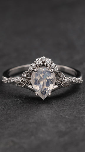READY TO SHIP: Amelia engagement ring with magical moonstone and diamonds, 14K white gold, RING SIZES: 5.5 - 8.5 US - Eden Garden Jewelry™