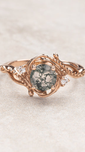 Rose gold engagement ring with moss agate and diamond accents / Undina - Eden Garden Jewelry™