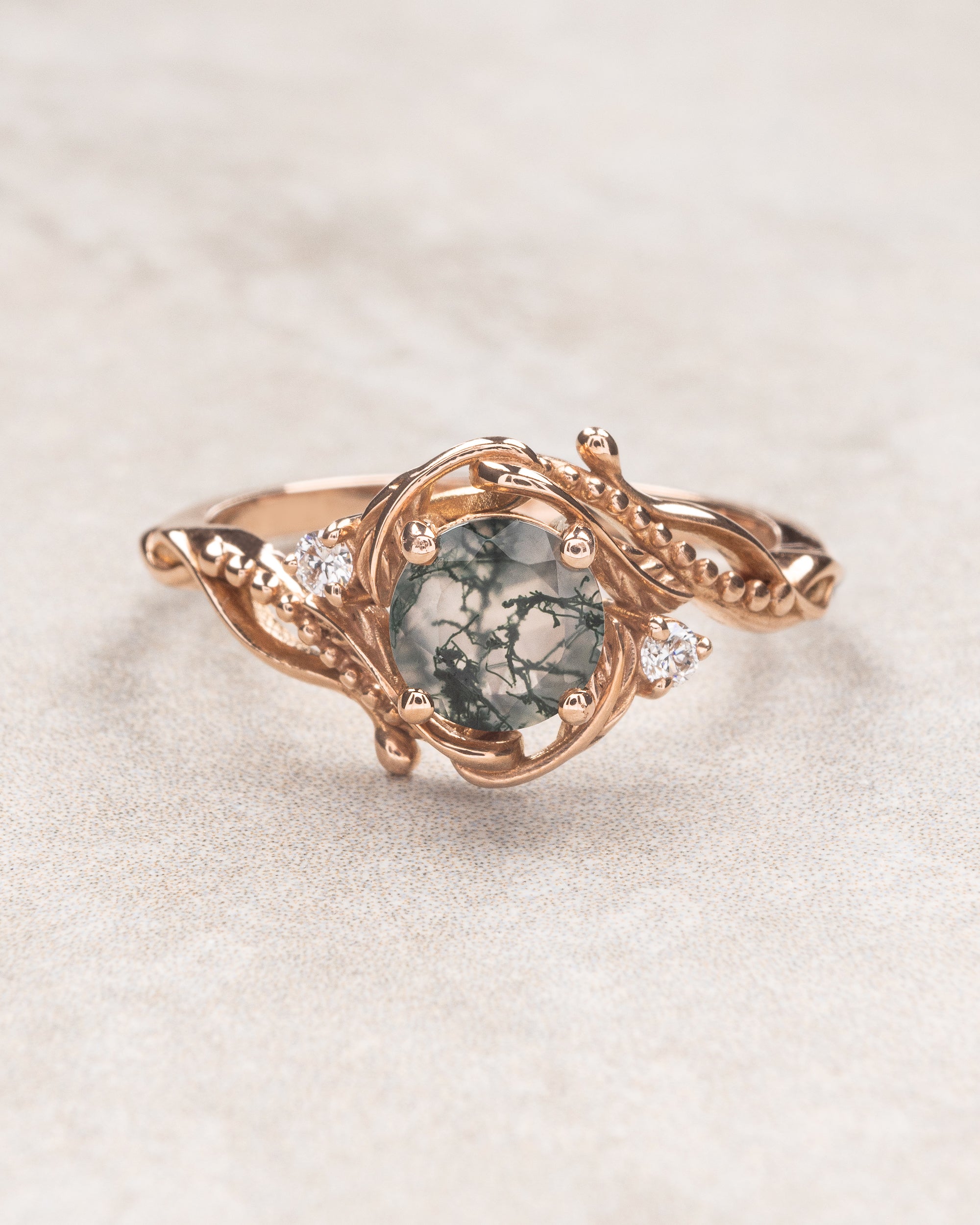 Natural moss agate yellow gold engagement ring with accent diamonds, nature themed proposal gold ring with diamonds / Undina - Eden Garden Jewelry™