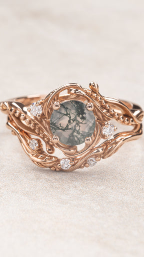 Bridal ring set in rose gold with natural round moss agate and accent diamonds / Undina - Eden Garden Jewelry™