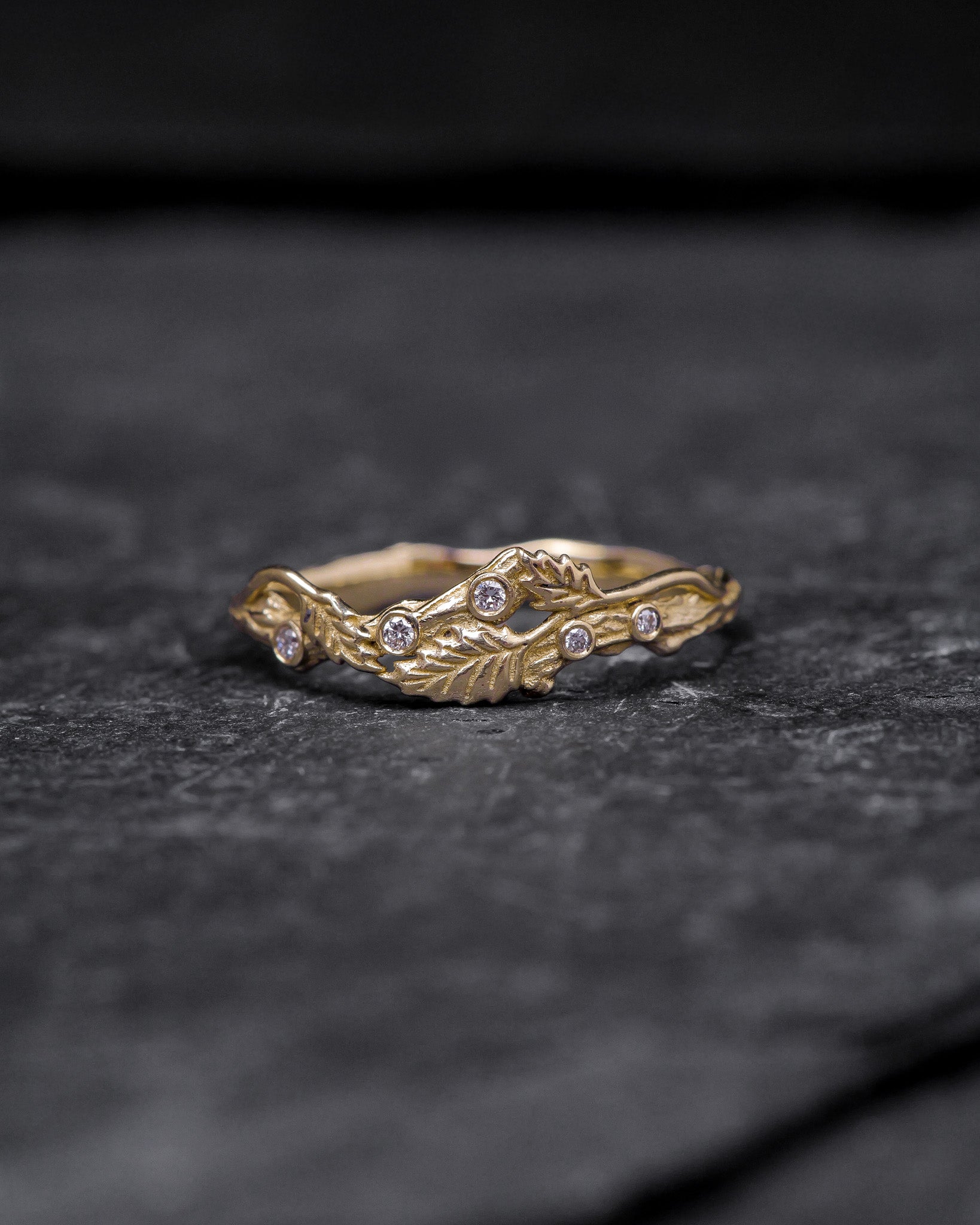 Twig ring with diamonds and three leaves, branch wedding band - Eden Garden Jewelry™