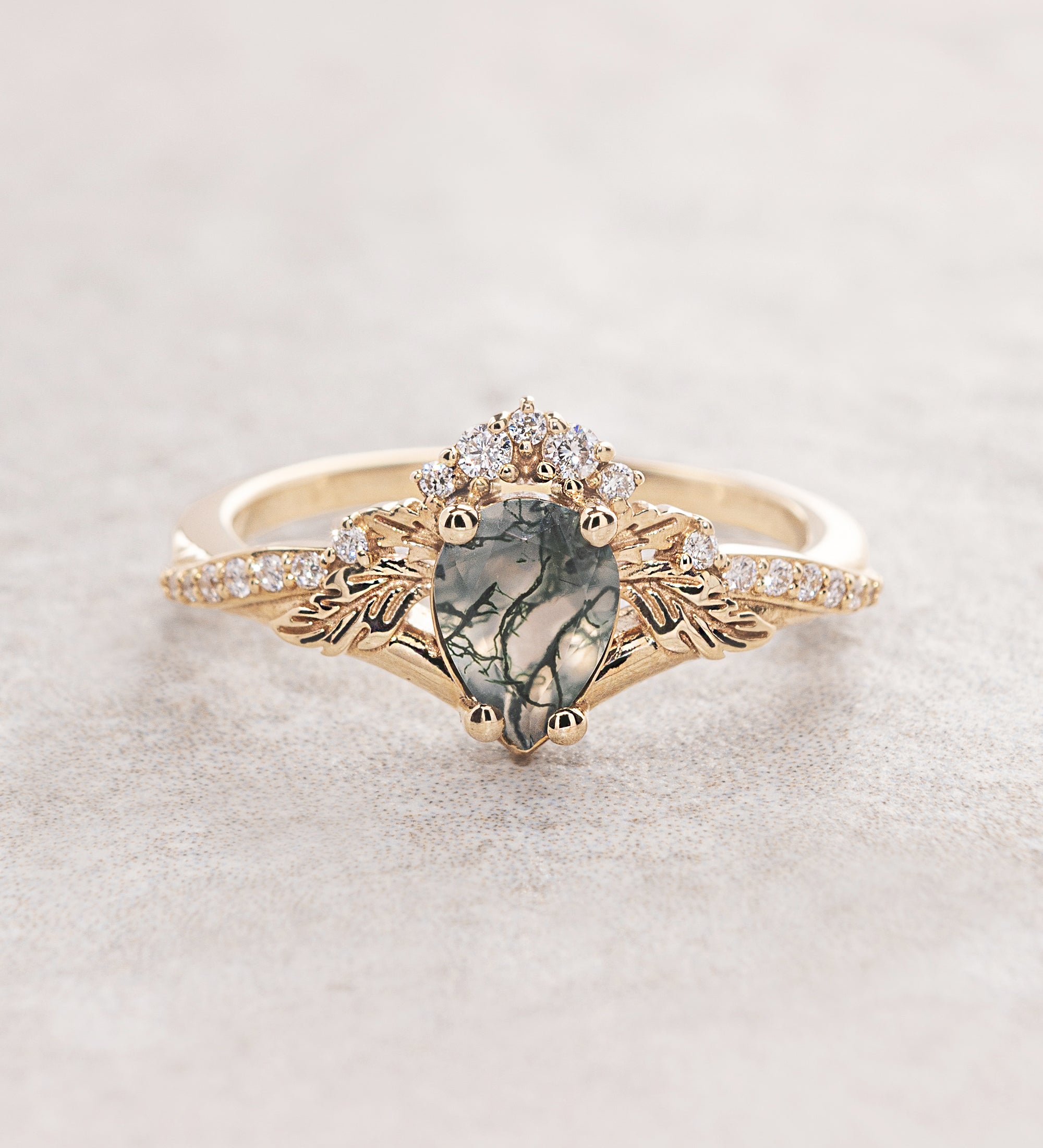 Rutile moss agate engagement ring, diamond crown proposal ring with moss agate / Amelia - Eden Garden Jewelry™