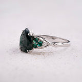 READY TO SHIP: Gloria ring in 14K white gold, 10x7mm natural moss agate & accent lab emeralds, AVAILABLE RING SIZES: 5.5 - 8.5 US