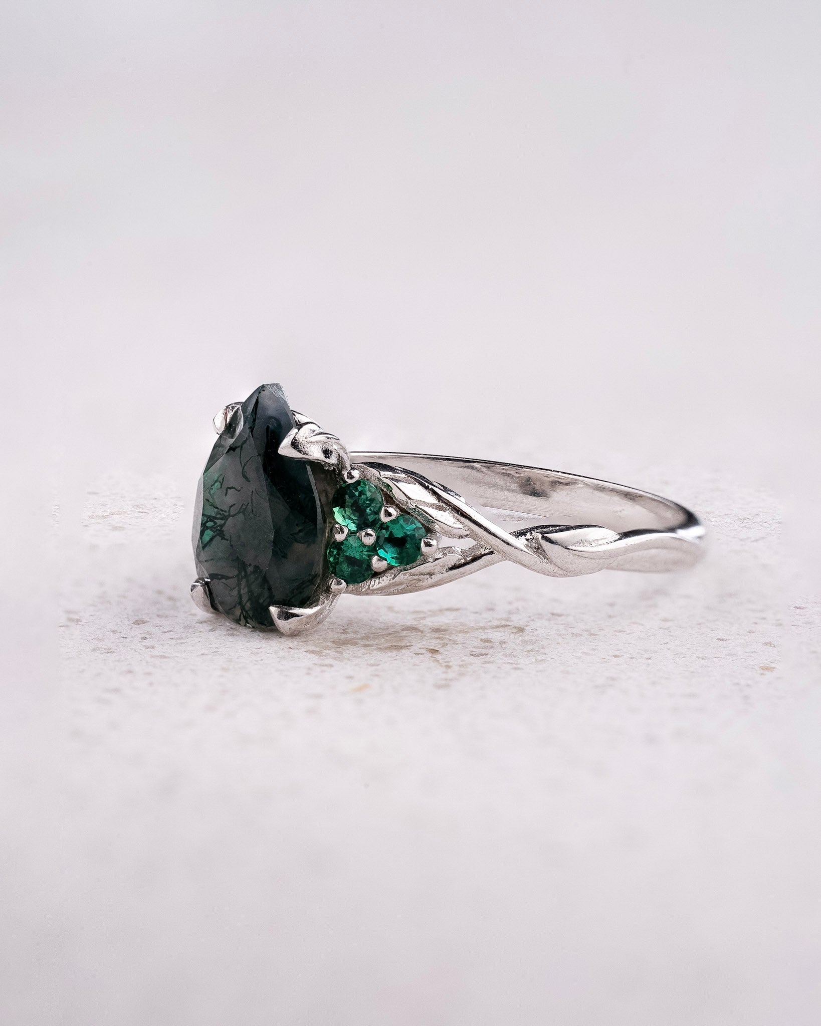 READY TO SHIP Gloria ring in 14K white gold, 10x7mm natural moss agate & accent lab emeralds, AVAILABLE RING SIZES: 5.5 - 8.5 US - Eden Garden Jewelry™
