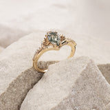 Rutile moss agate engagement ring, diamond crown proposal ring with moss agate / Amelia