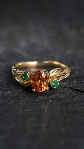 Genuine orange sapphire and natural emeralds branch engagement ring / Arius - Eden Garden Jewelry™