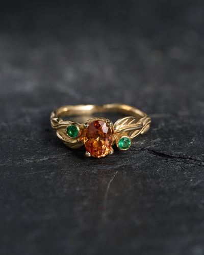 Genuine orange sapphire and natural emeralds branch engagement ring / Arius - Eden Garden Jewelry™