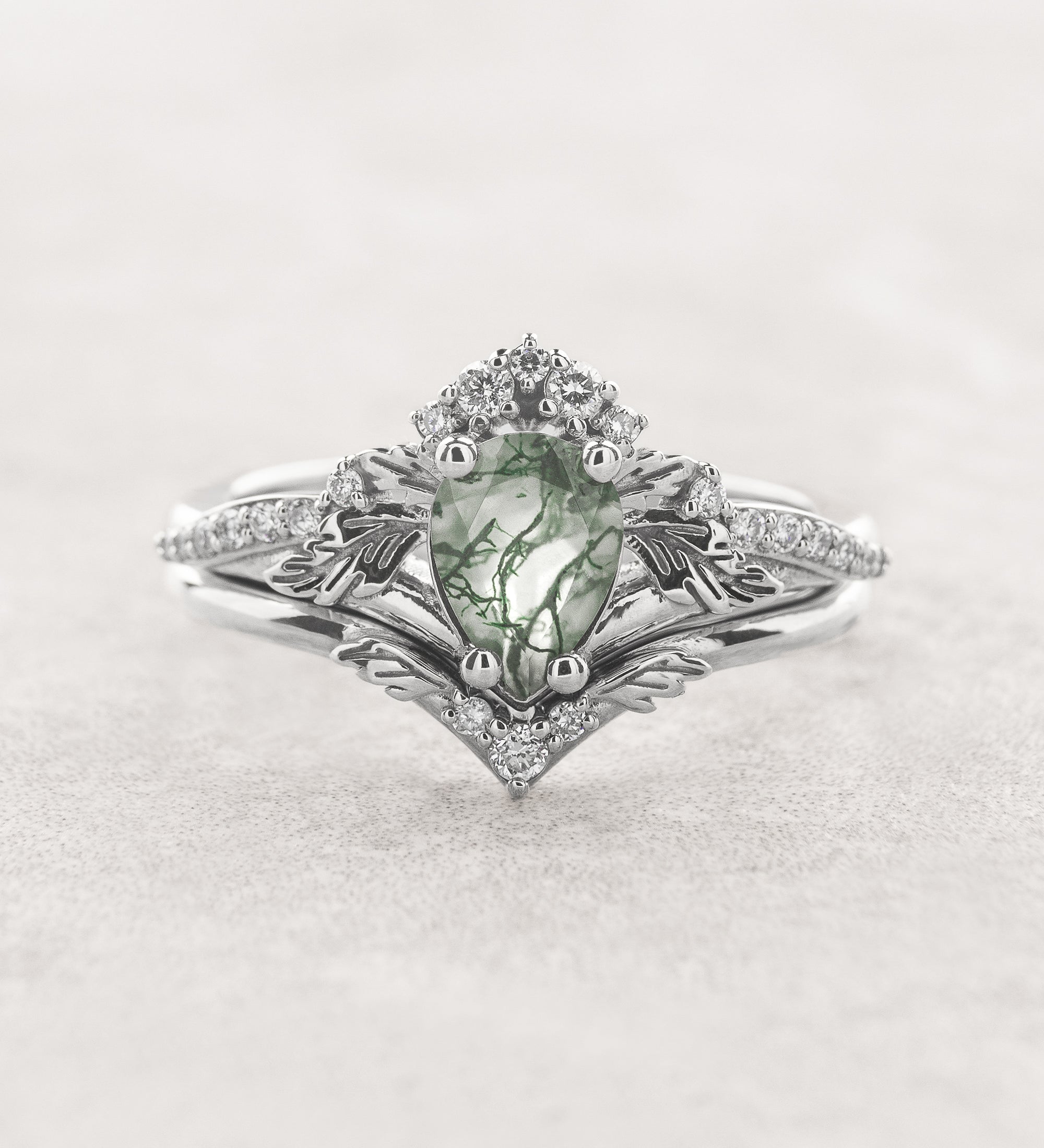 One of a kind moss agate bridal ring set, gold stacking engagement and wedding rings / Amelia - Eden Garden Jewelry™