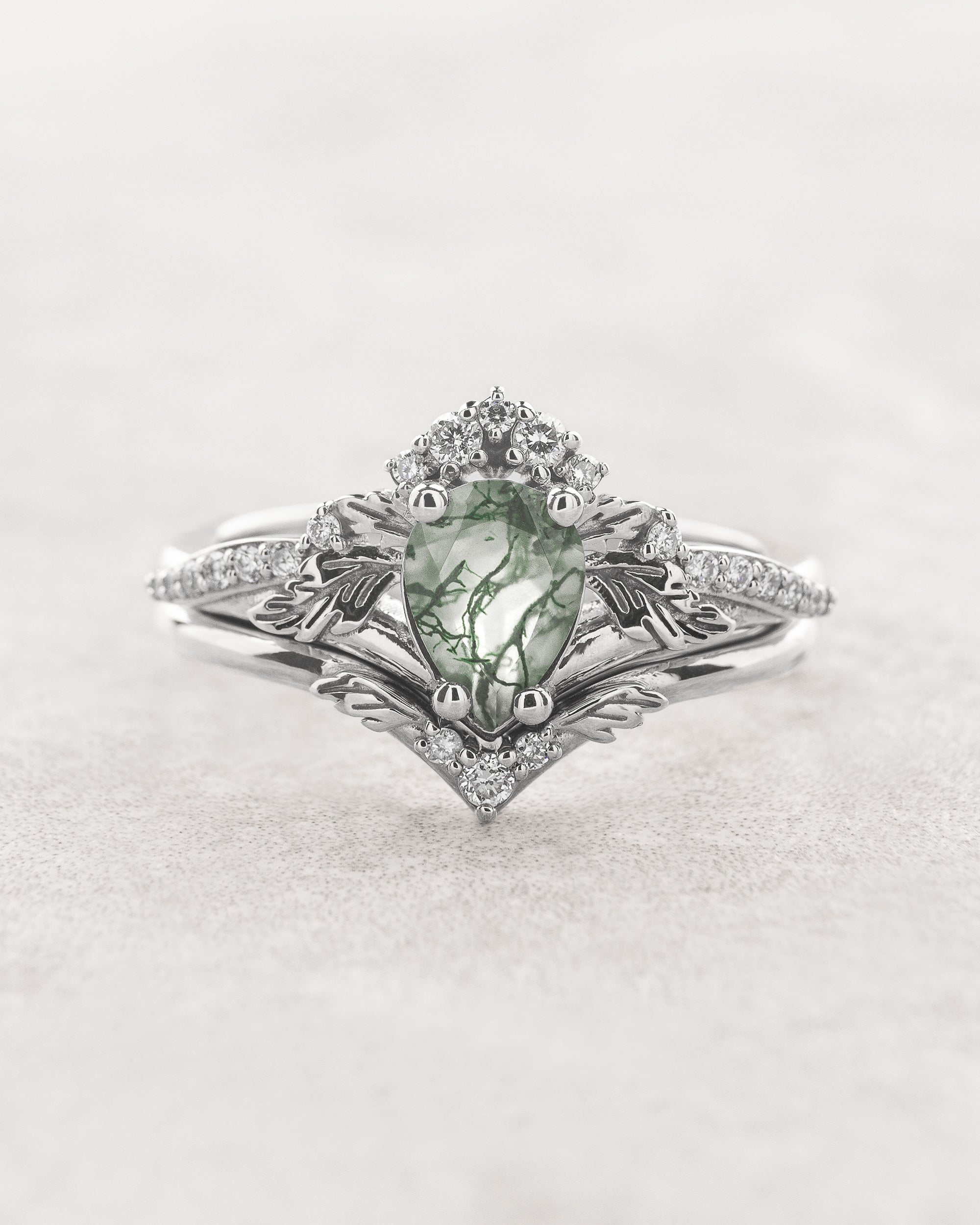 One of a kind moss agate bridal ring set, gold stacking engagement and wedding rings / Amelia - Eden Garden Jewelry™