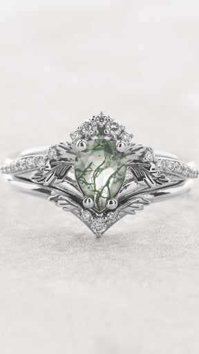One of a kind moss agate bridal ring set, gold stacking engagement and wedding rings / Amelia - Eden Garden Jewelry™