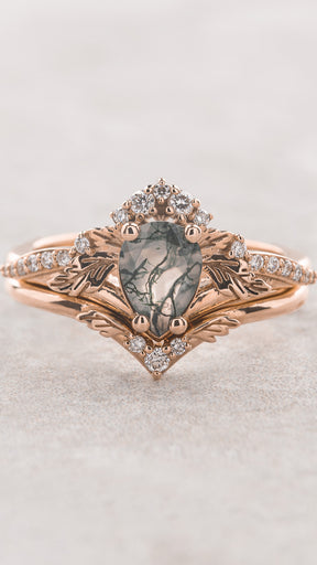 Forest-themed bridal ring set with green moss agate / Amelia - Eden Garden Jewelry™