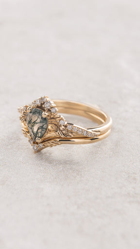 Natural green moss agate bridal ring set / Amelia - Eden Garden Jewelry™