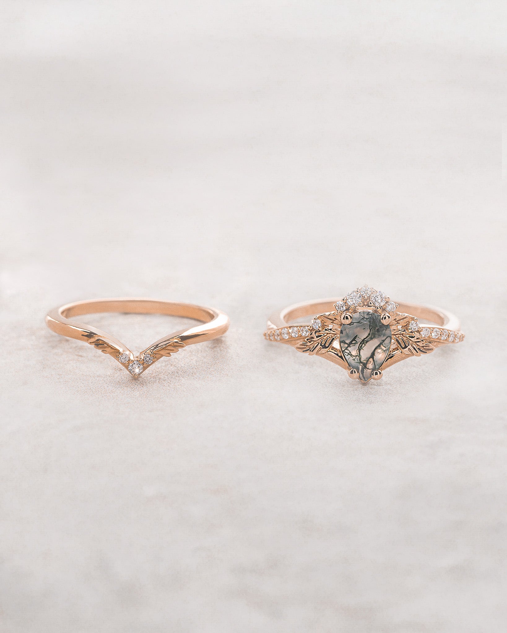 Forest-themed bridal ring set with green moss agate / Amelia - Eden Garden Jewelry™