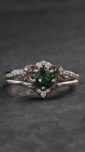 Rare gemstone bridal ring set with diamonds, green tsavorite garnet ring / Amelia - Eden Garden Jewelry™
