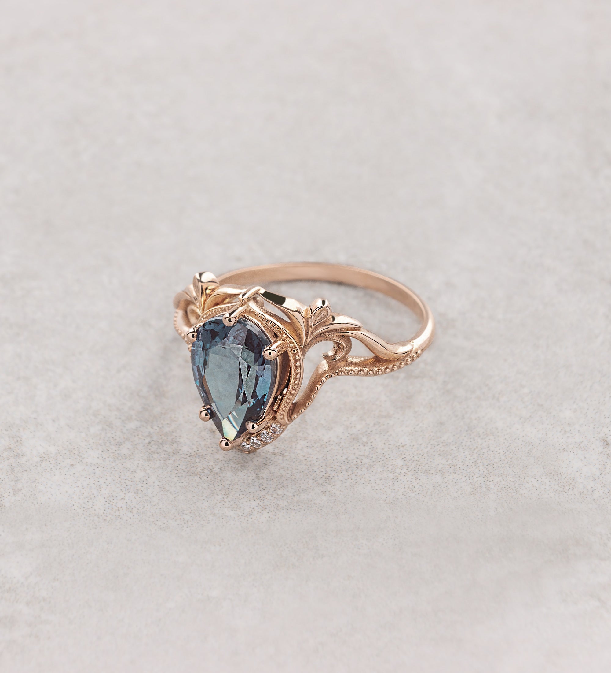 READY TO SHIP: Lida engagement ring with big pear cut lab alexandrite, 14K rose gold, RING SIZES: 5.5 - 8.5 US - Eden Garden Jewelry™