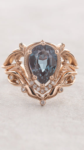 Alexandrite engagement ring set, gold statement bridal set with diamonds / Lida - Eden Garden Jewelry™