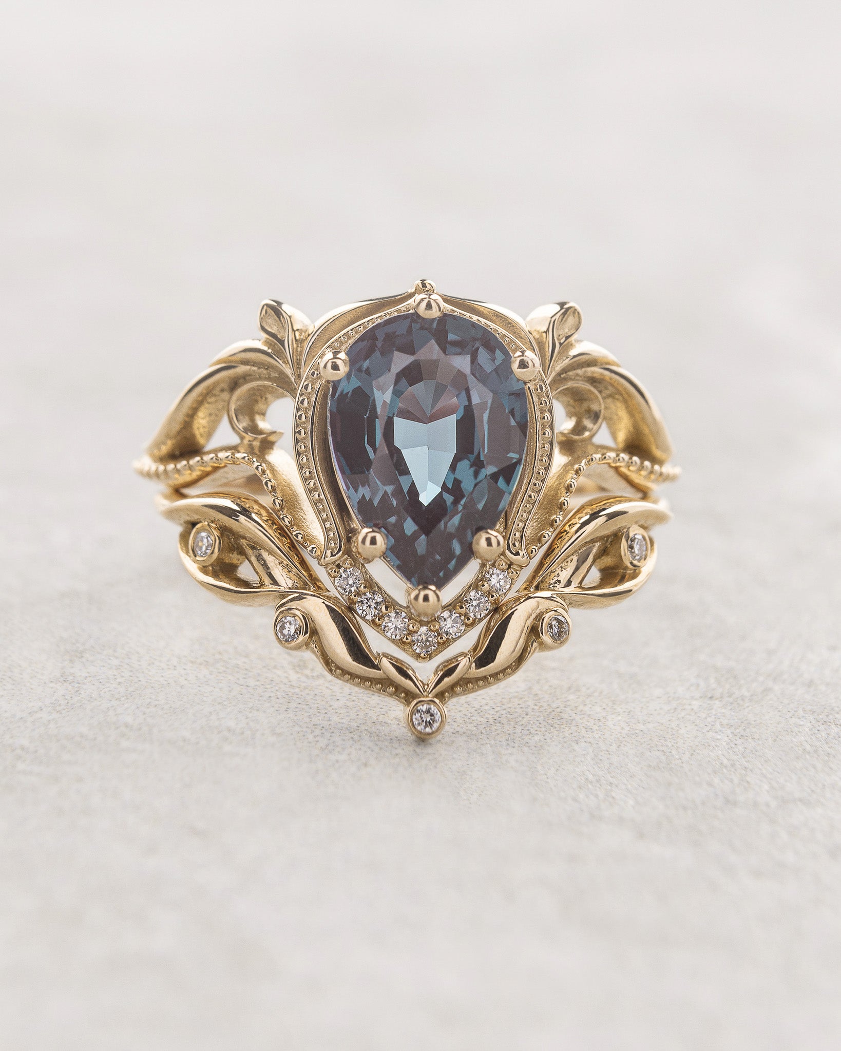 Bridal ring set with big pear cut lab alexandrite / Lida - Eden Garden Jewelry™