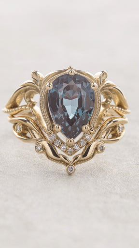 Bridal ring set with big pear cut lab alexandrite / Lida - Eden Garden Jewelry™