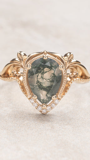 READY TO SHIP: Lida engagement ring with big pear cut moss agate, 14K yellow gold, RING SIZES: 5.5 - 8.5 US - Eden Garden Jewelry™