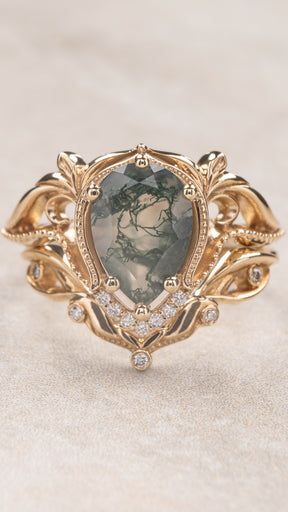 Moss agate engagement and wedding ring set / Lida - Eden Garden Jewelry™