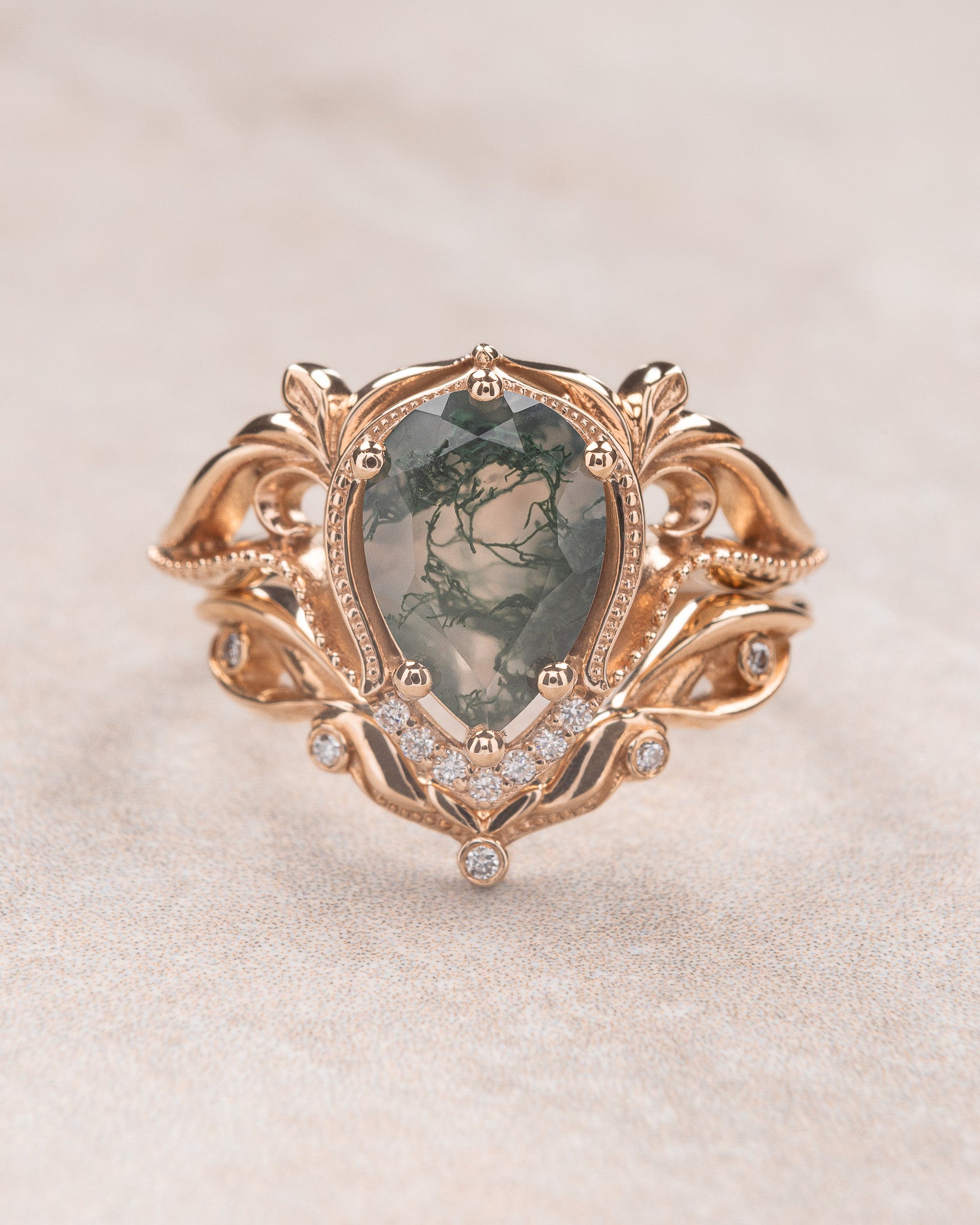 Moss agate engagement ring set, alternative ring set / Lida - Eden Garden Jewelry™