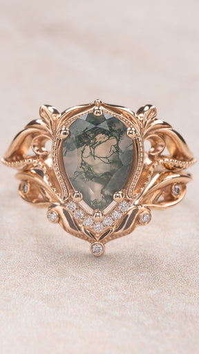Moss agate engagement ring set, alternative ring set / Lida - Eden Garden Jewelry™