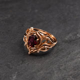 Art nouveau bridal ring set with rhodolite garnet / Lida oval