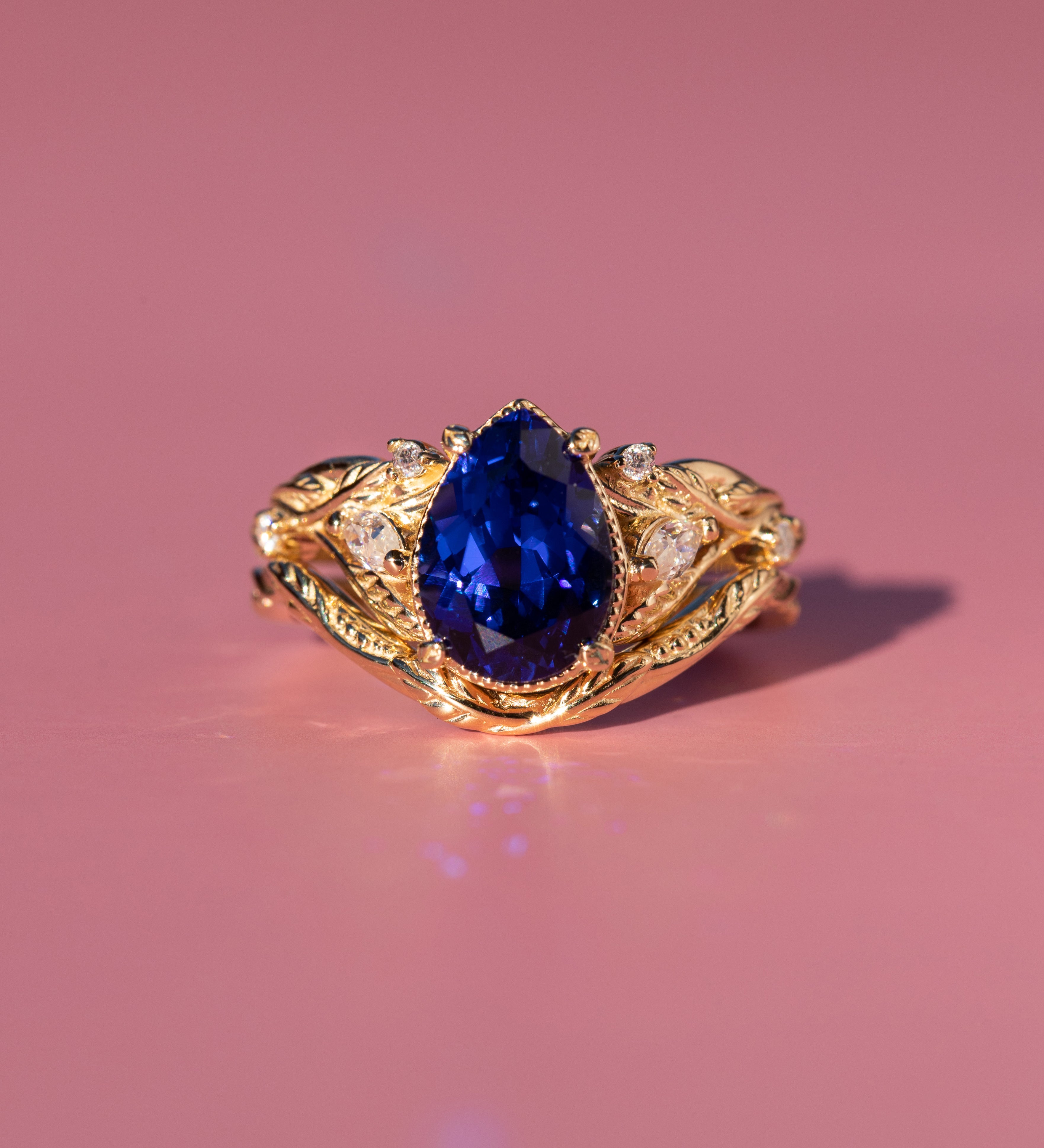 READY TO SHIP: Patricia set in 14K yellow gold, lab created pear cut blue sapphire 10x7 mm, moissanites, RING SIZE 7 US - Eden Garden Jewelry™