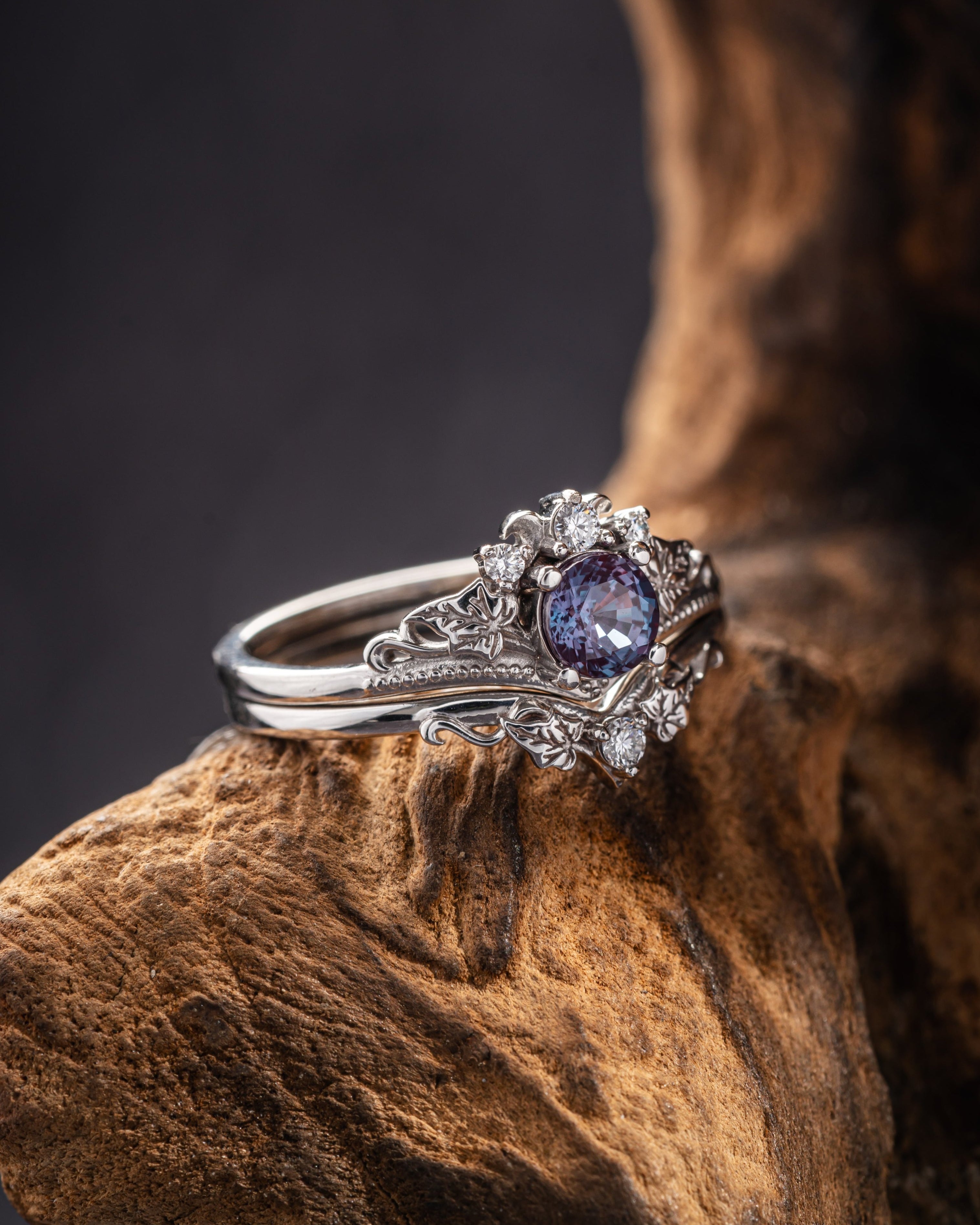 Colour changing alexandrite engagement ring set, fantasy white gold bridal ring set with diamonds  / Ariadne - Eden Garden Jewelry™