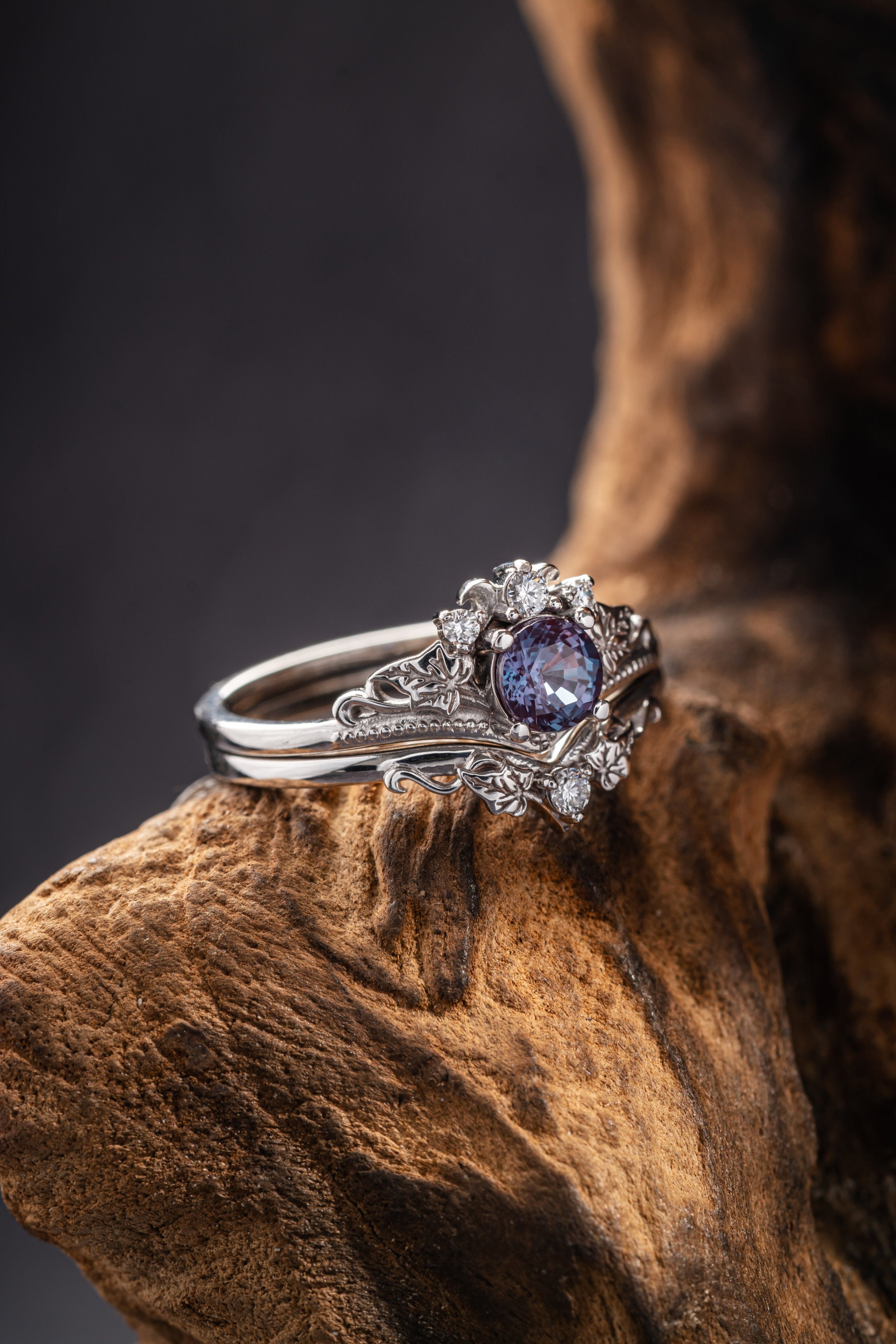 Color Changing Alexandrite Bridal Ring Set Unique Gold Ring Set