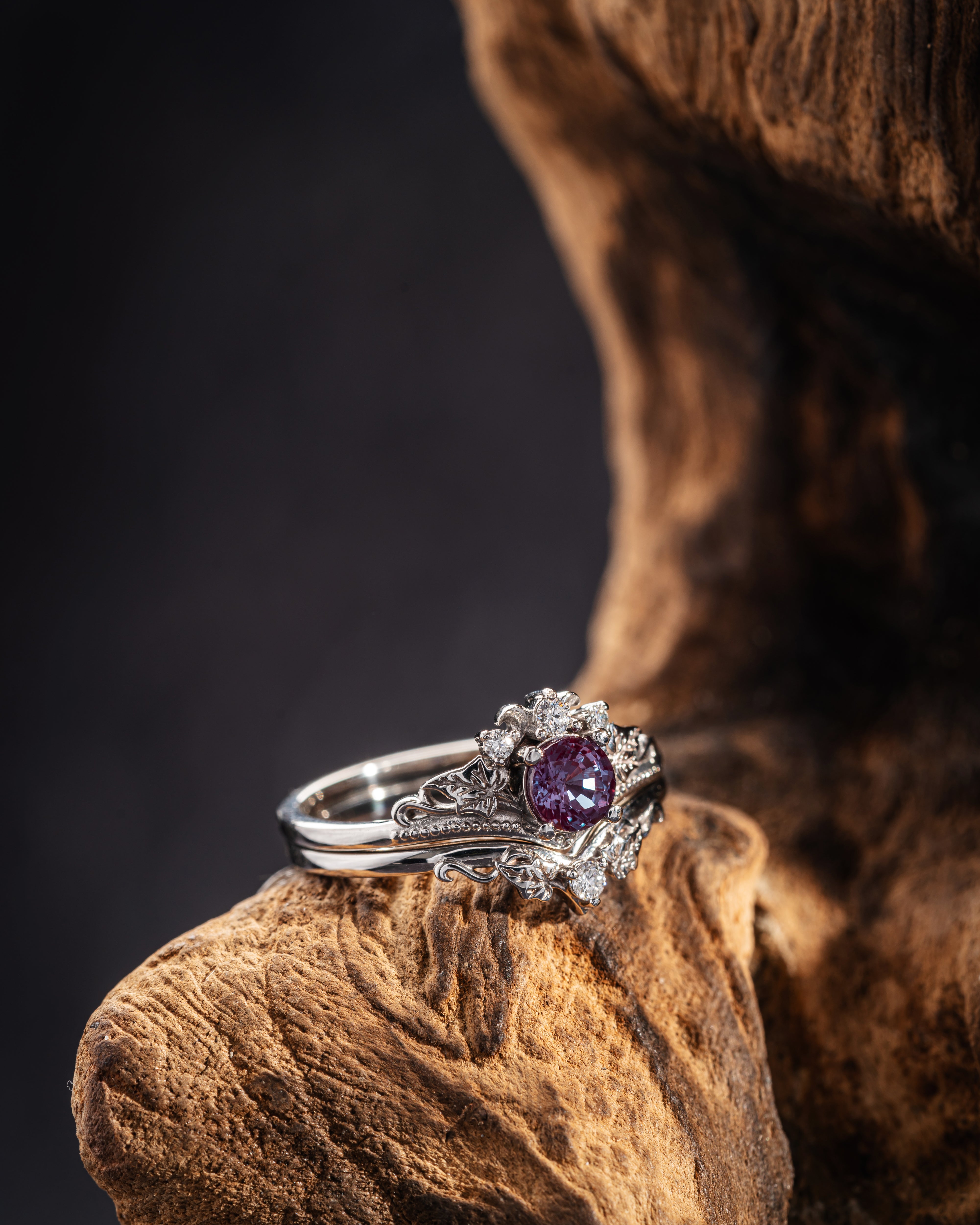 Colour changing alexandrite engagement ring set, fantasy white gold bridal ring set with diamonds  / Ariadne - Eden Garden Jewelry™